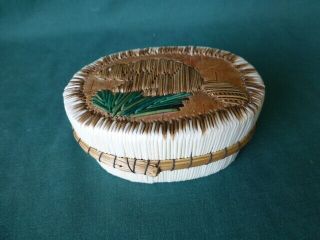 American Indian Porcupine Quill & Birch Bark Oval Box With A Beaver On The Cover