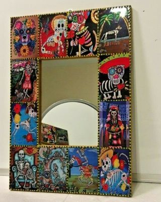 Mexican Day Of The Dead Mirror Wood Frame 15.  75 " Catrina High Gloss Sugar Skull
