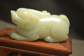 Chinese Vintage Hetian Jade Wealth God Lucky Single Horn Pi Xiu Totem Carving Zk