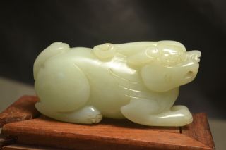 Chinese Vintage Hetian Jade Wealth God Lucky Single Horn Pi Xiu Totem Carving ZK 2