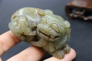 Chinese Vintage Sinkiang Jade Wealth Fortune Foo Fu Lion Mother&kid Carving Fftt