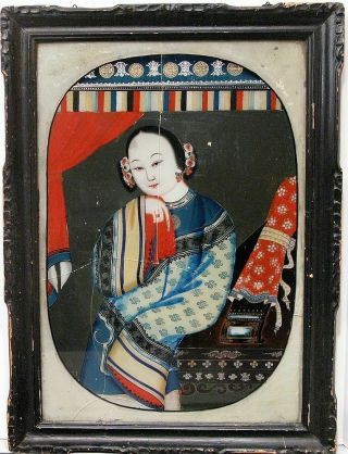 Antique Handpainted Chinese Export Reverse Glass Painting Elegant Woman Portrait