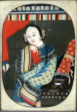 Antique Handpainted Chinese Export Reverse Glass Painting Elegant Woman Portrait 2