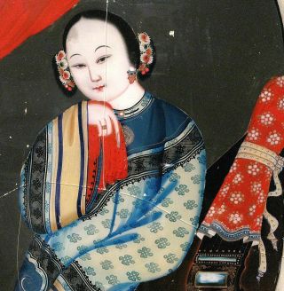 Antique Handpainted Chinese Export Reverse Glass Painting Elegant Woman Portrait 3