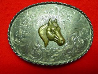 Vtg " Diablo " Sterling Silver,  Horse Head,  Engraved,  Western Belt Buckle