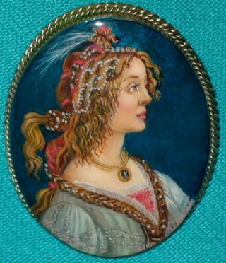" Portrait Of A Lady " Russian Hand Painted Fedoskino Mother - Of - Pearl Brooch