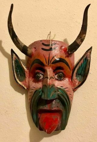Guerrero Mexican Folk Art Carved Wood Mask Devil Satan Diablo Rattles Goat Horns