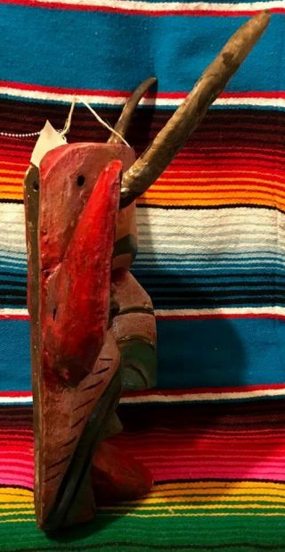 Guerrero Mexican Folk Art Carved Wood Mask Devil Satan Diablo Rattles Goat Horns 2