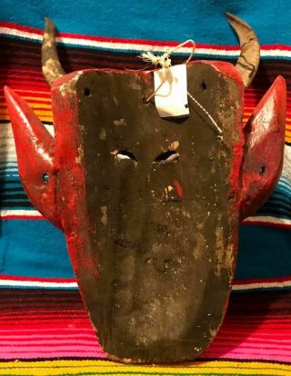 Guerrero Mexican Folk Art Carved Wood Mask Devil Satan Diablo Rattles Goat Horns 3