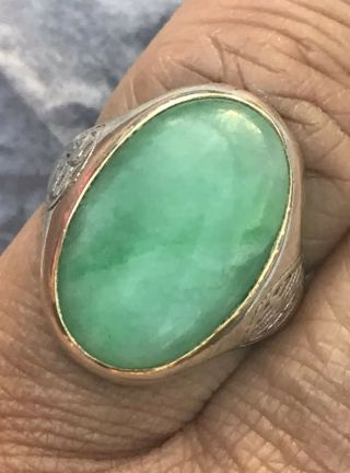 Estate Chinese Light Green Jade Cabochon Character Signed Sterling Gold Ring 9.  5 2