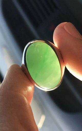 Estate Chinese Light Green Jade Cabochon Character Signed Sterling Gold Ring 9.  5 3