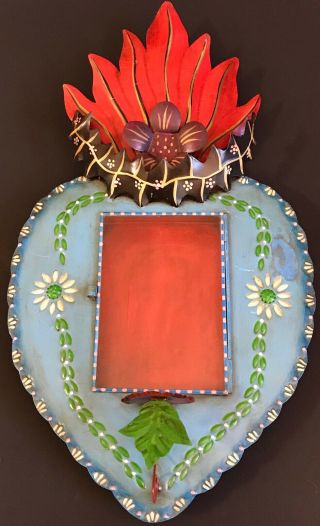 Vintage Tin SACRED HEART Nicho Frame Candle Holder Mexican Folk Art 2