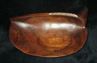 Pacific Solomon Islands Carved Wood Bowl Unusual Shape Mother Of Pearl Inlay 11 "