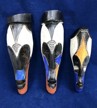 3 Tribal Brown Multi - color Hand Painted African Gabon Cameroon Wood Fang Masks 2