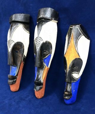 3 Tribal Brown Multi - color Hand Painted African Gabon Cameroon Wood Fang Masks 3