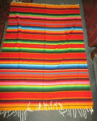 Vintage Southwestern Mexican Woven Saltillo Striped Blanket 58 " X 80 "
