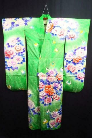 12v18044 Silk Vintage Tall Wide Japanese Kimono FURISODE Peacock Feather 2