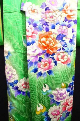 12v18044 Silk Vintage Tall Wide Japanese Kimono FURISODE Peacock Feather 3
