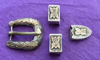 Vtg 925 Sterling Silver Mexican Small Size Western Ranger Cowboy Belt Buckle Set