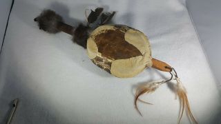 Native American Indian Ceremonial REAL Turtle Shell Rattle Fur leather feather 2