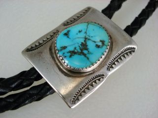 Great Old Navajo Stamped Sterling Silver & Turquoise Bolo Tie