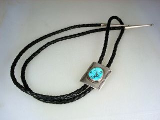 GREAT OLD NAVAJO STAMPED STERLING SILVER & TURQUOISE BOLO TIE 2