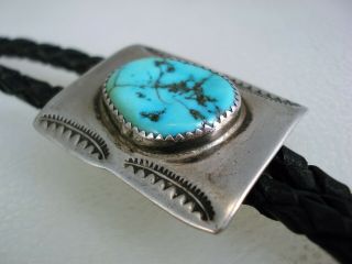 GREAT OLD NAVAJO STAMPED STERLING SILVER & TURQUOISE BOLO TIE 3