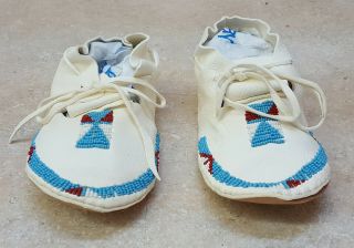 Handcrafted Blue Beaded White Buckskin Native American Indian Kids Moccasins