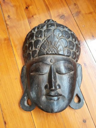 Large Buddha Head Balinese Hand Carved Wall Hanging 37cm Bali Wood Feng Shui