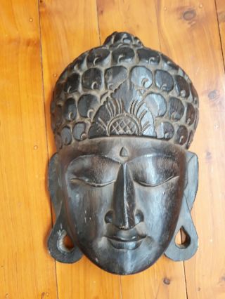 Large BUDDHA HEAD BALINESE HAND CARVED Wall Hanging 37cm Bali Wood Feng Shui 2