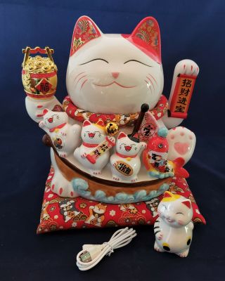 Chinese Japanese Fortune Cat Maneki - Neko Large 10 " Waving Electric Porcelain