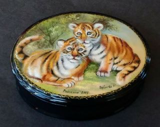 Fedoskino Russian Hand Painted Papier Mache Laquer Box,  SIGNED,  Tiger Cubs 2