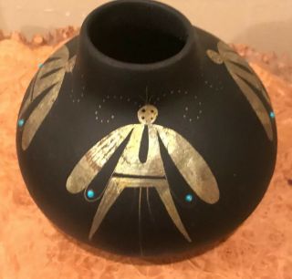 Robert Rivera Signed Hand Painted Turquoise Gourd Pot Hopi ‘moths’ Mexico