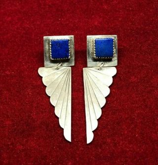 Fine Hopi Earrings Sterling Silver Lapis Lazuli Native American Geometric Design