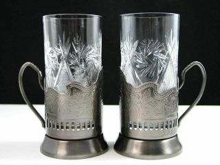 Set Of 2 Russian Tea Glass Holders Podstakannik With 11 Oz Cut Crystal Glasses