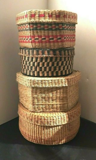 4 Vintage Tribal Native American Indian Woven Baskets With Lids Northwest?