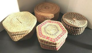 4 Vintage Tribal Native American Indian Woven Baskets With Lids Northwest? 2
