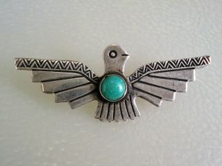Old Fred Harvey Era Stamped Sterling Silver & Turquoise Thunderbird Pin