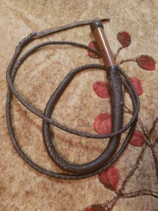 Vintage 9ft Braided Rawhide/leather - Wood Bull Whip Cowboy 113 " Antique Quality