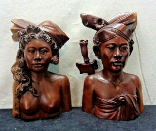 Set Of 2 Handcrafted Wood Carved Tribal 11 " Statues Made In Bali (hks10)