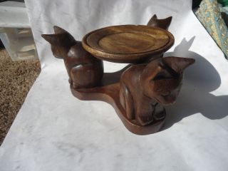 Hand Carved Wood Cats Animal Holding Stands Bases For Vase Or Bowl