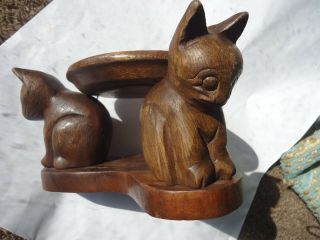 Hand carved wood cats animal holding Stands Bases For Vase Or Bowl 2