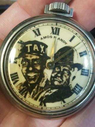 Vintage Rare Windup Pocket Watch Amos ' N Andy Taxi T.  V.  Show BLACK AMERICANA 2