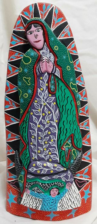 Oaxacan Virgin Lady of Guadalupe Signed Pedro Ramirez Mexican Wood Carving 2