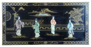 Vintage Soapstone Wall Panel w/ Geishas & Landscape Scene Kimonos Black Lacquor 2