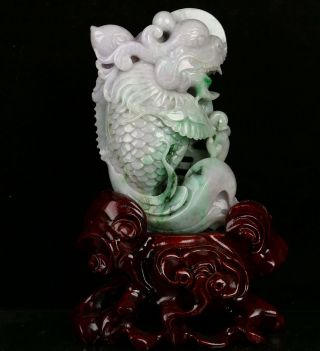 Cert ' d 2 Color Nature Grade A jadeite Jade Statue Sculpture dragon fish r219382 2