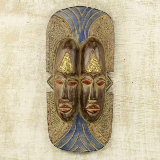 African Mask Two Faces Weathered Wood Hand Carved Wall Art NOVICA Ghana Igbo 2