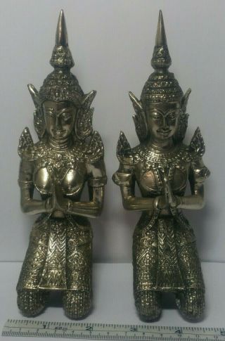 Vintage Pair Silver Tone Metal Kneeling Thai Siam Dancers Figurine Statue Set 2