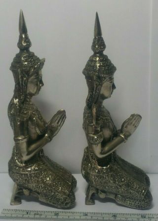 Vintage Pair Silver Tone Metal Kneeling Thai Siam Dancers Figurine Statue Set 3
