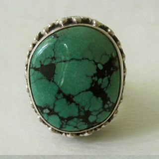 STERLING SILVER LARGE TURQUOISE RING KHAMPA FITS SIZE 8 - 12 TIBET NEPAL 2